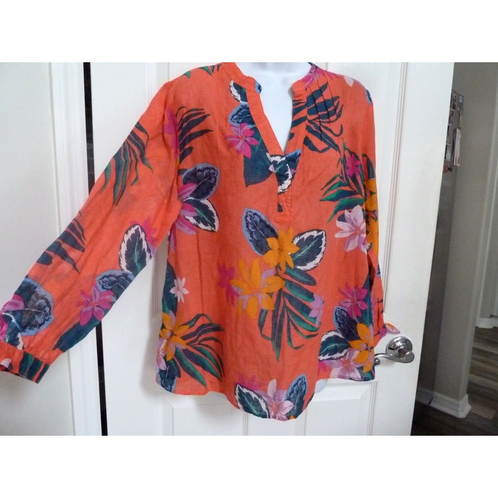 Old Navy Women L 12/14 Orange Tropical Floral Linen Blend Blouse V-Neck Top